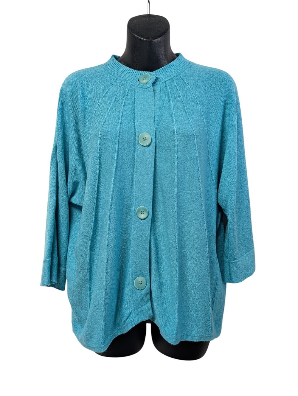 Evan Picone Teal Blue Knit Button Front 3/4 Sleeve Cardigan Sweater Size M
